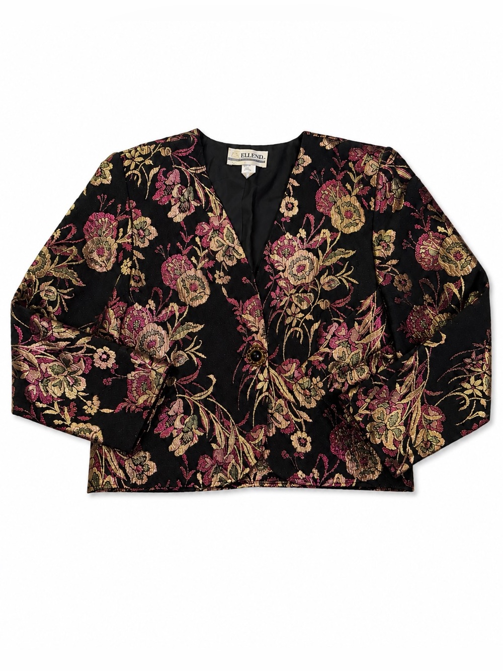 Vintage ELLEND Floral Brocade Cropped Jacket Black Gold Pink Size Small